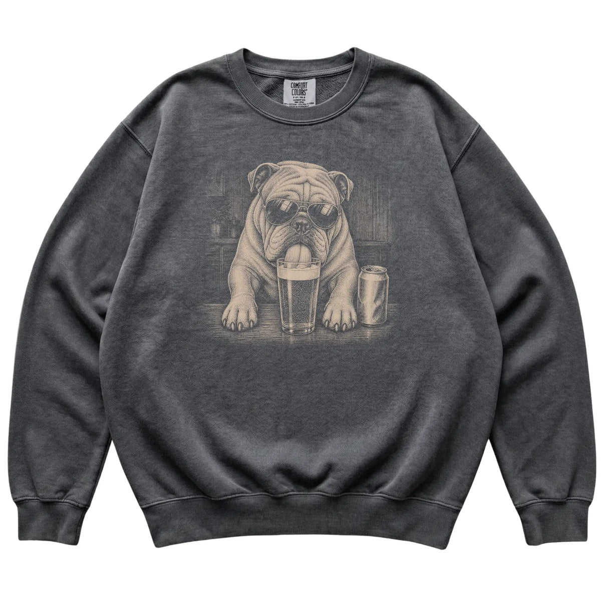 Pepper English Bulldog drinking from a pint at a bar, laid flat