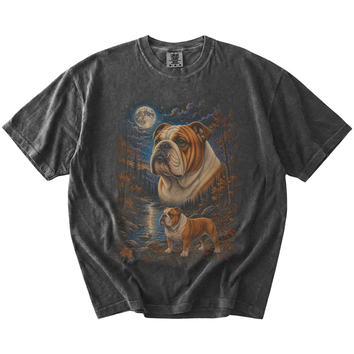 Bulldog in a moonlit fall forest scene on a Pepper Comfort Colors® t-shirt