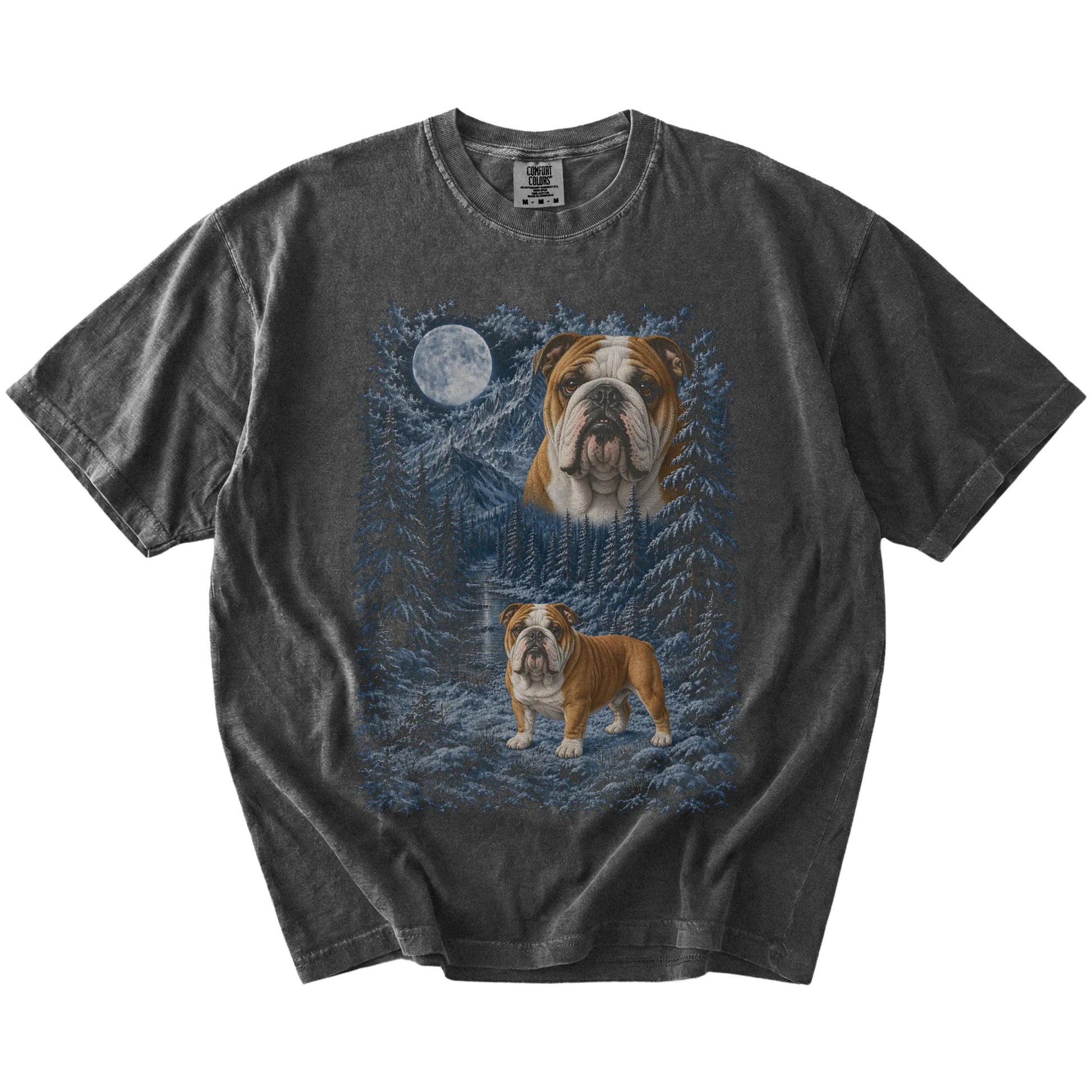 Bulldog in a snowy winter forest on a Pepper t-shirt