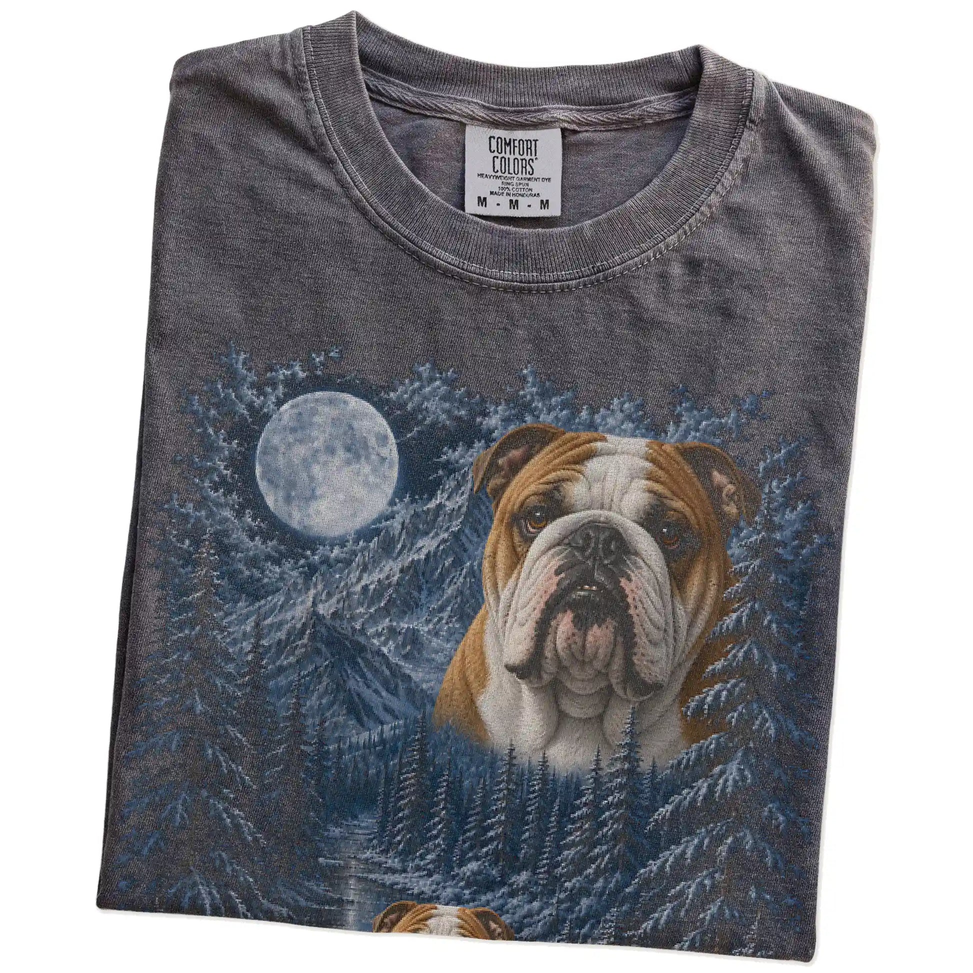 Folded Pepper Bulldog winter forest t-shirt