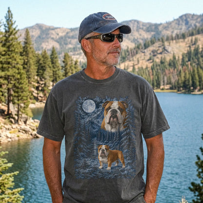 Person wearing a Pepper Bulldog winter forest t-shirt