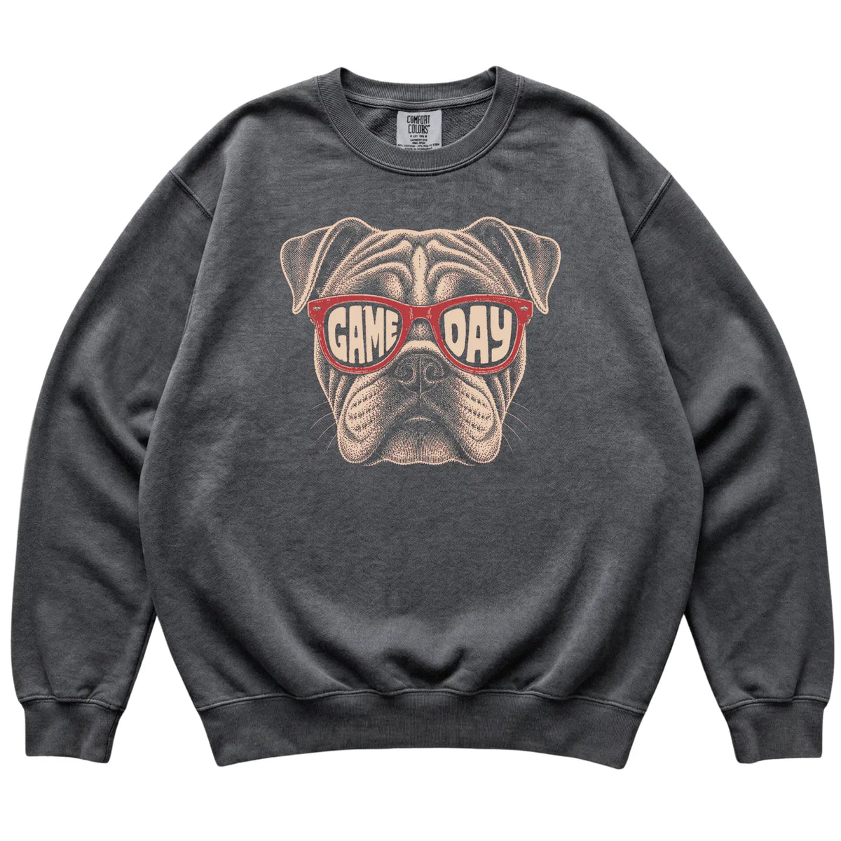 Pepper Bulldog Game Day Sunglasses sweatshirt, laid flat
