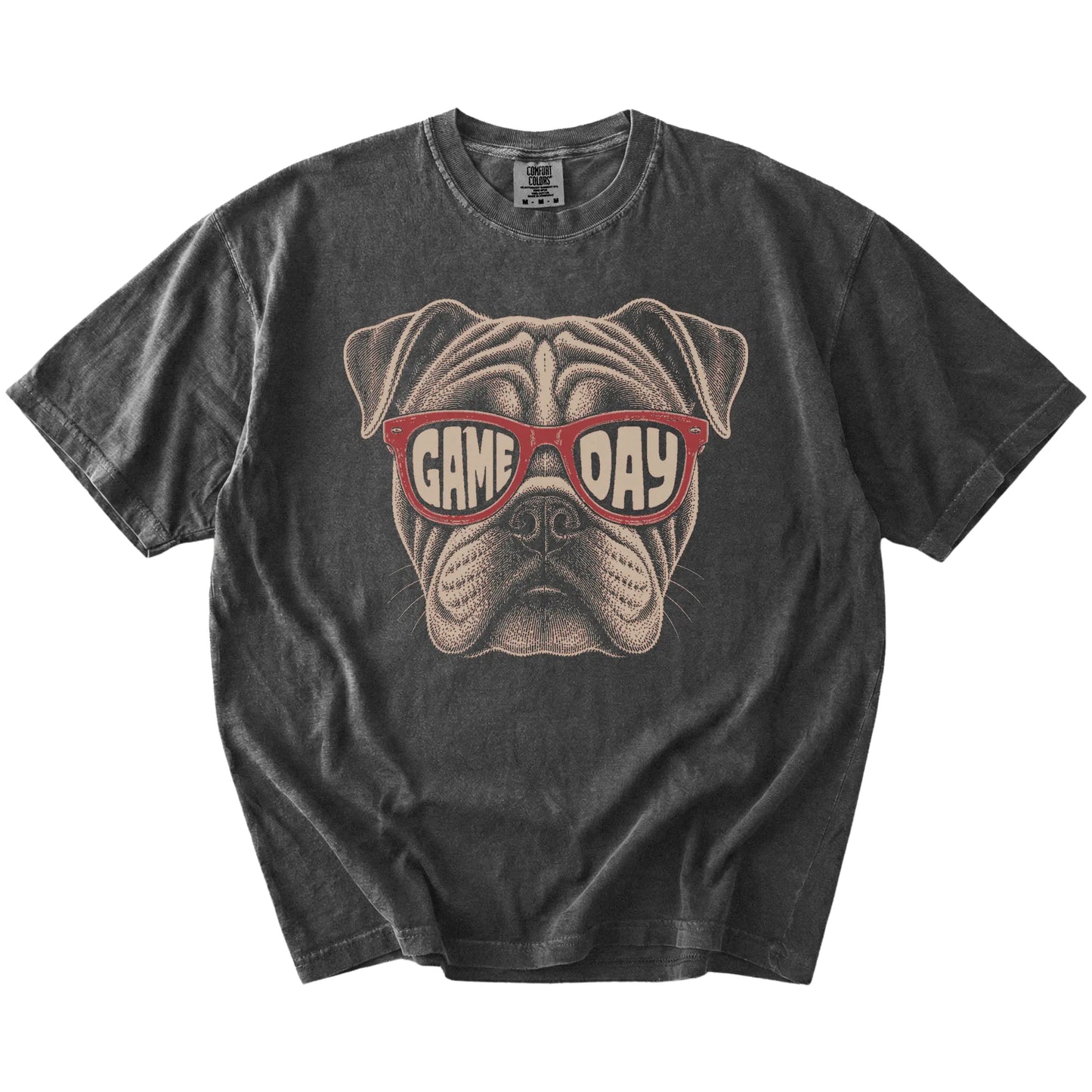 Bulldog wearing red Game Day sunglasses on a Pepper Comfort Colors® T-shirt