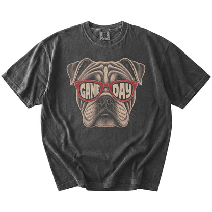 Bulldog wearing red Game Day sunglasses on a Pepper Comfort Colors® T-shirt