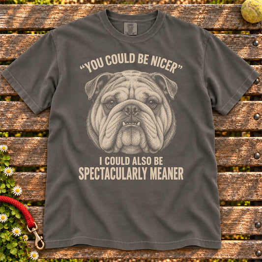 Bulldog Guard Dog design on a Pepper Comfort Colors T-shirt, shown flat