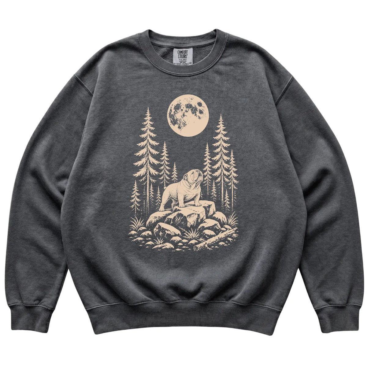 Close view of Bulldog Howling at the Moon artwork on Pepper Comfort Colors sweatshirt