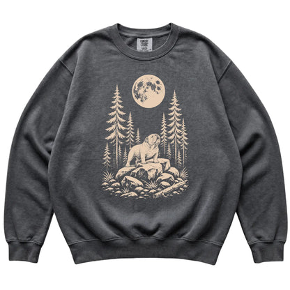Close view of Bulldog Howling at the Moon artwork on Pepper Comfort Colors sweatshirt