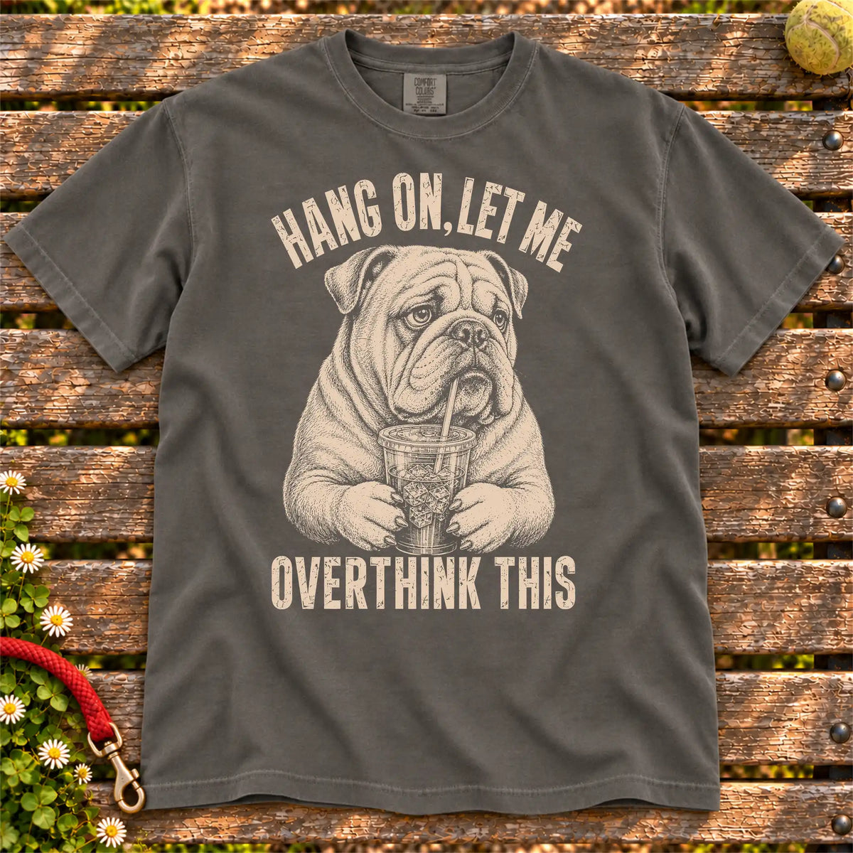 Overthinking Bulldog design on a Pepper Comfort Colors T-shirt, shown flat