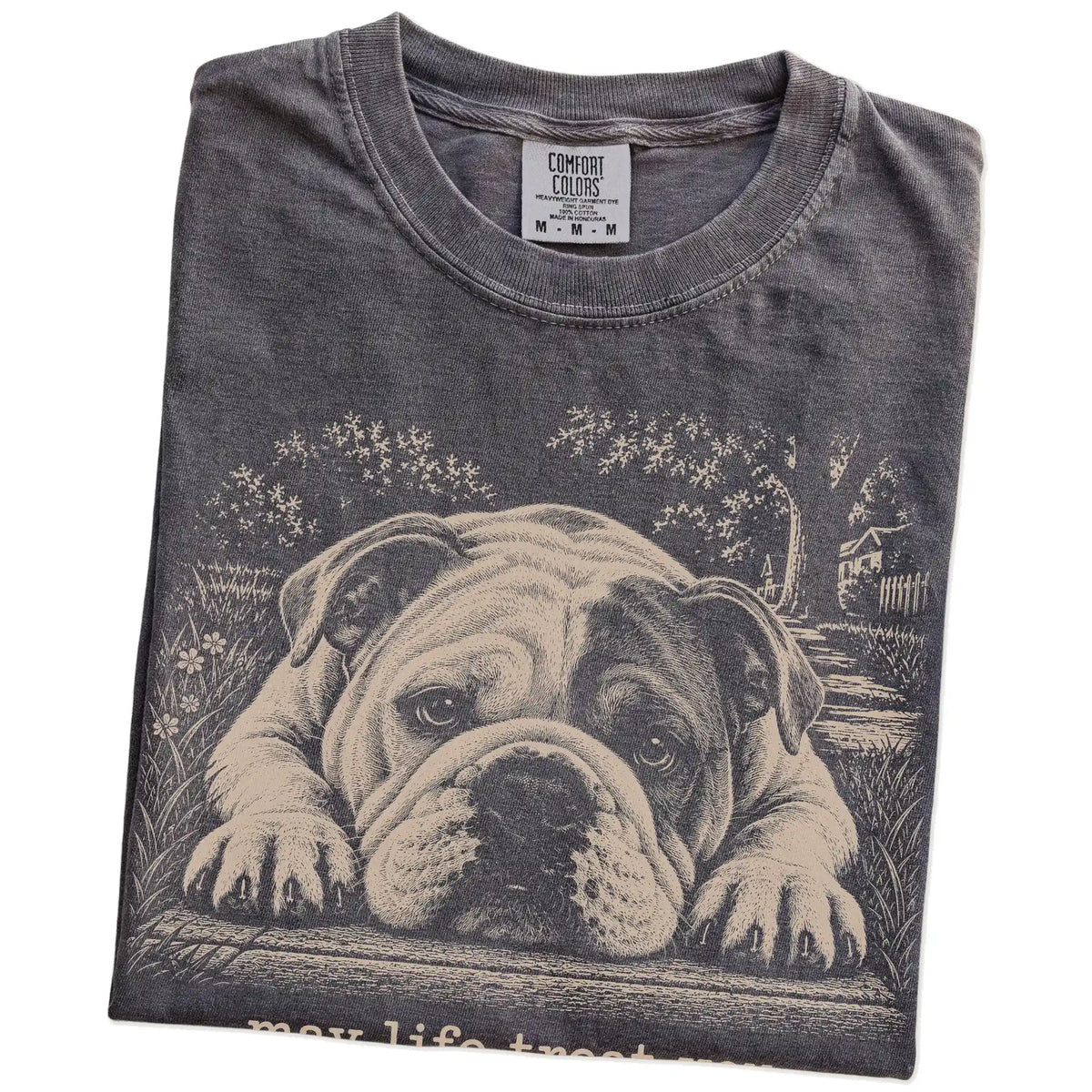 Bulldog Karma Comfort Colors T-shirt in Pepper — Folded Detail