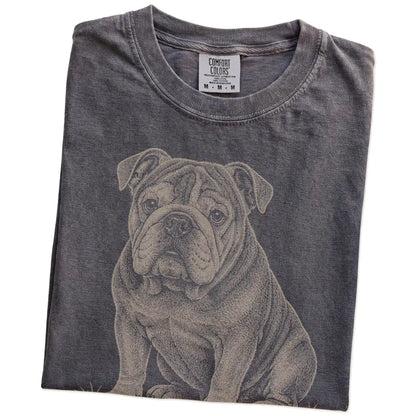 Folded Pepper Bulldog Karma T-Shirt showing the graphic