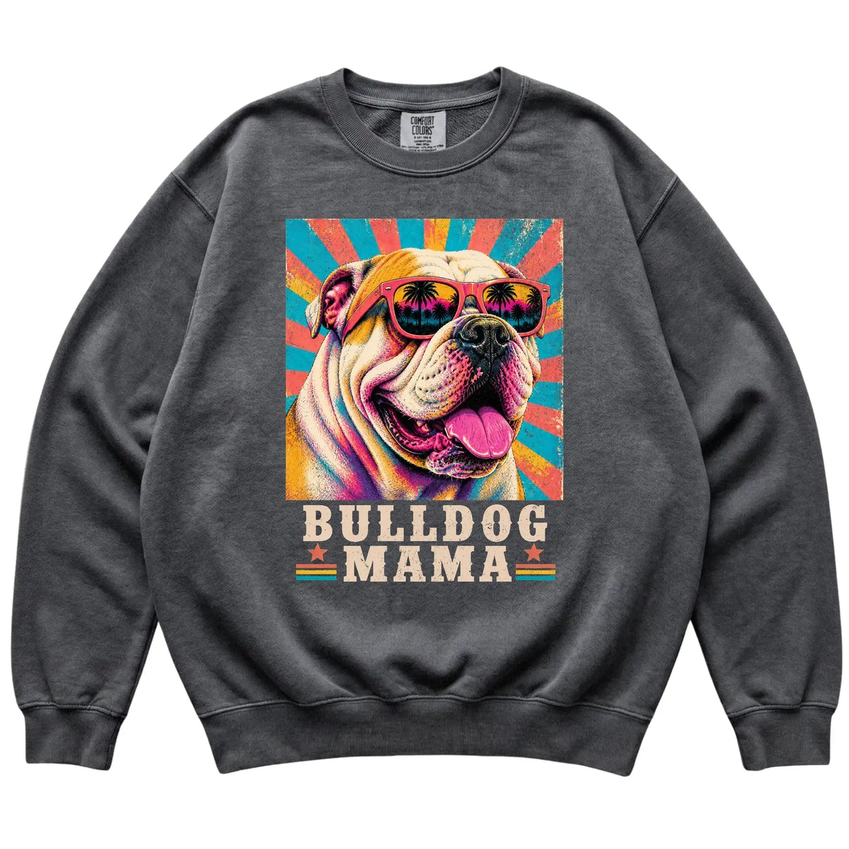 Retro Bulldog Mama design on a Pepper Comfort Colors sweatshirt