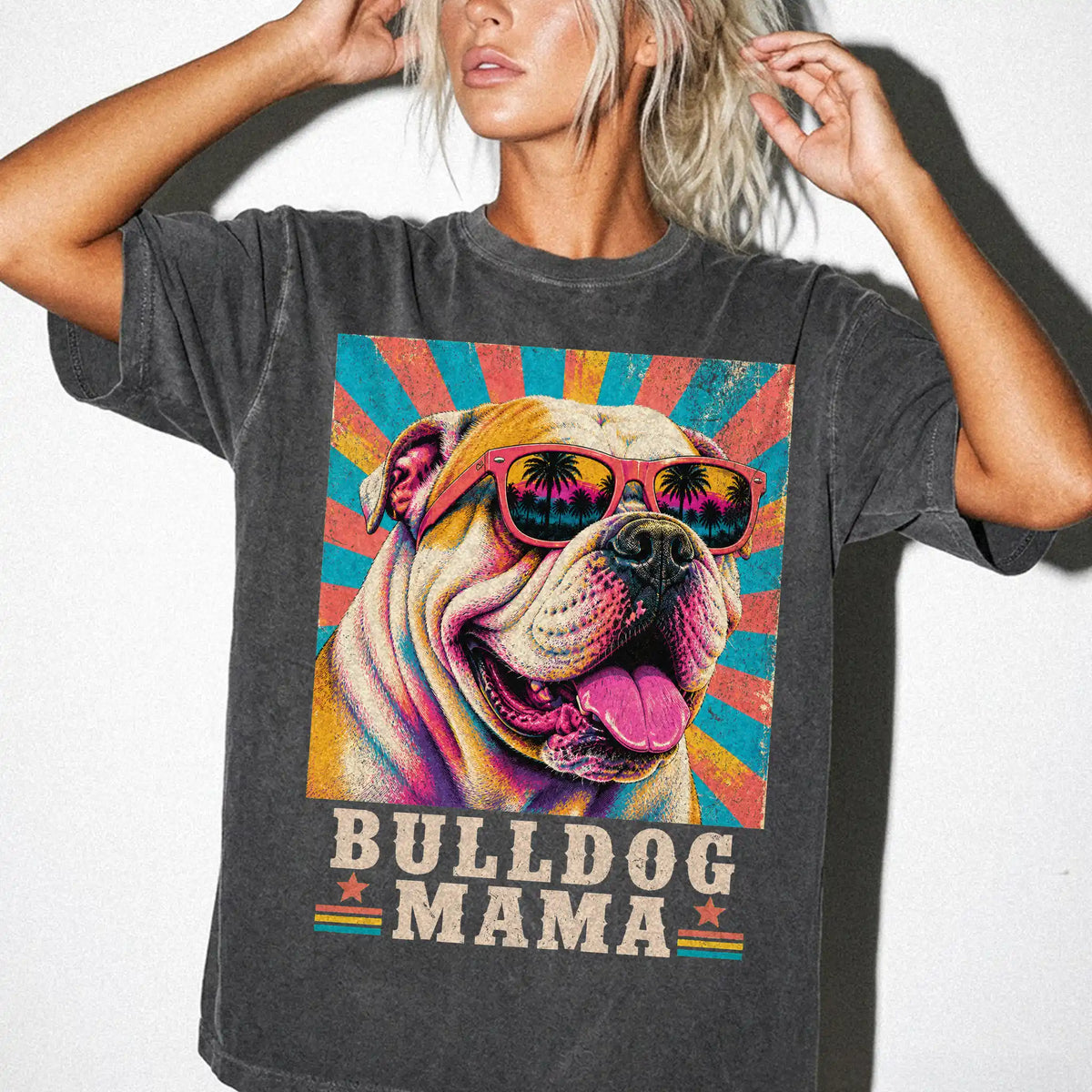 Retro Bulldog Mama design on a Pepper Comfort Colors T-shirt worn by a model