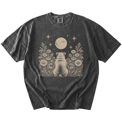 Bulldog beneath a wildflower moon on a Pepper Comfort Colors® T-shirt