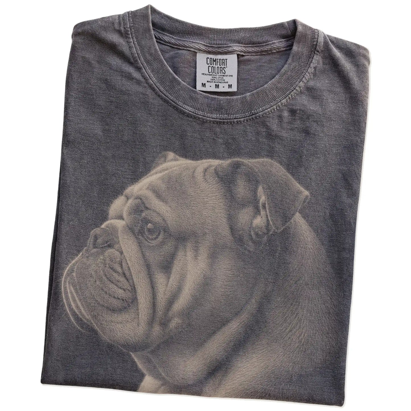 Folded Pepper Comfort Colors® T-shirt showing a detailed photographic portrait of a Bulldog