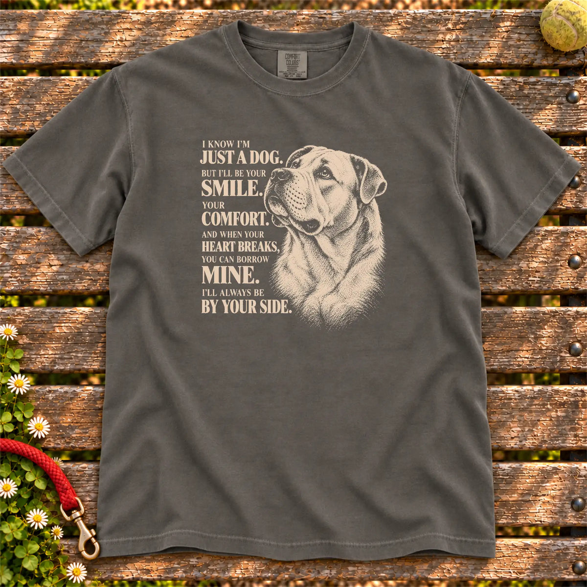Pepper Comfort Colors® T-shirt featuring the American Bulldog By Your Side design.