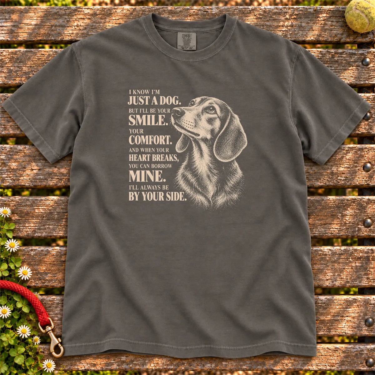 Pepper Comfort Colors® T-shirt featuring the Dachshund By Your Side design.