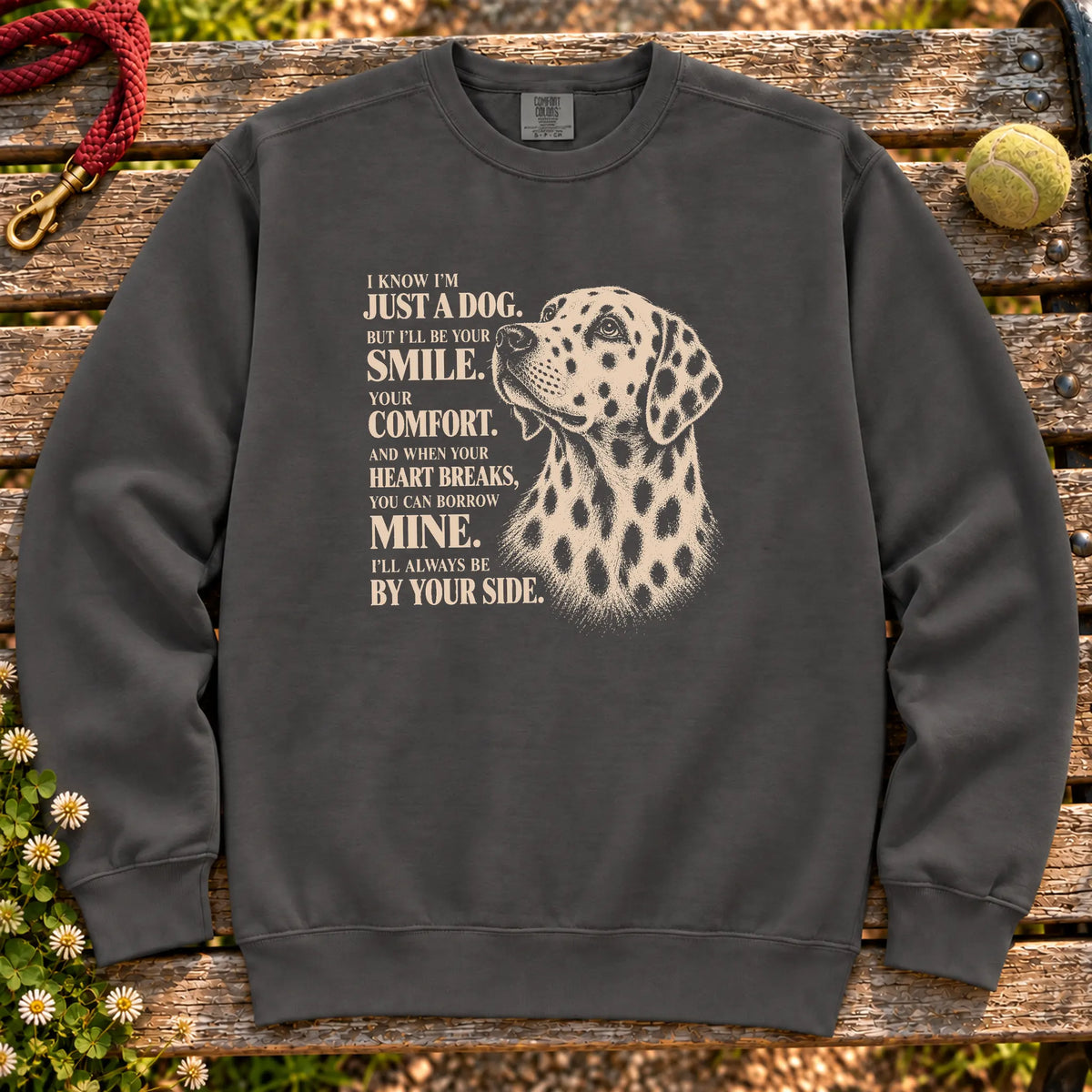 Pepper Comfort Colors® sweatshirt featuring the Dalmatian By Your Side design.