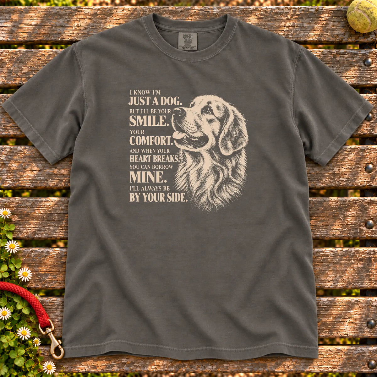 Pepper Comfort Colors® T-shirt featuring the Golden Retriever By Your Side design.