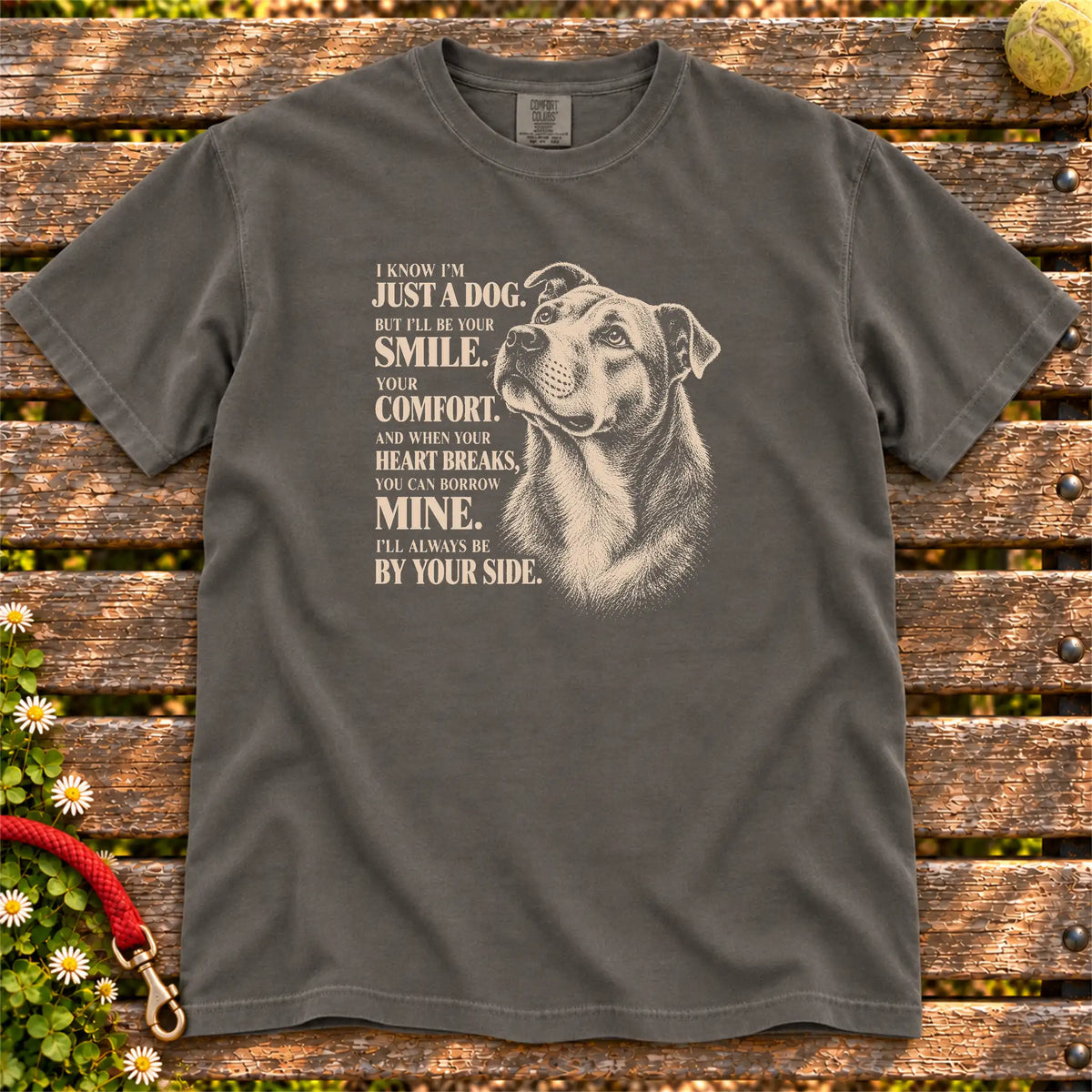 Pepper Comfort Colors® T-shirt featuring the Rescue Pitbull Mix By Your Side design.