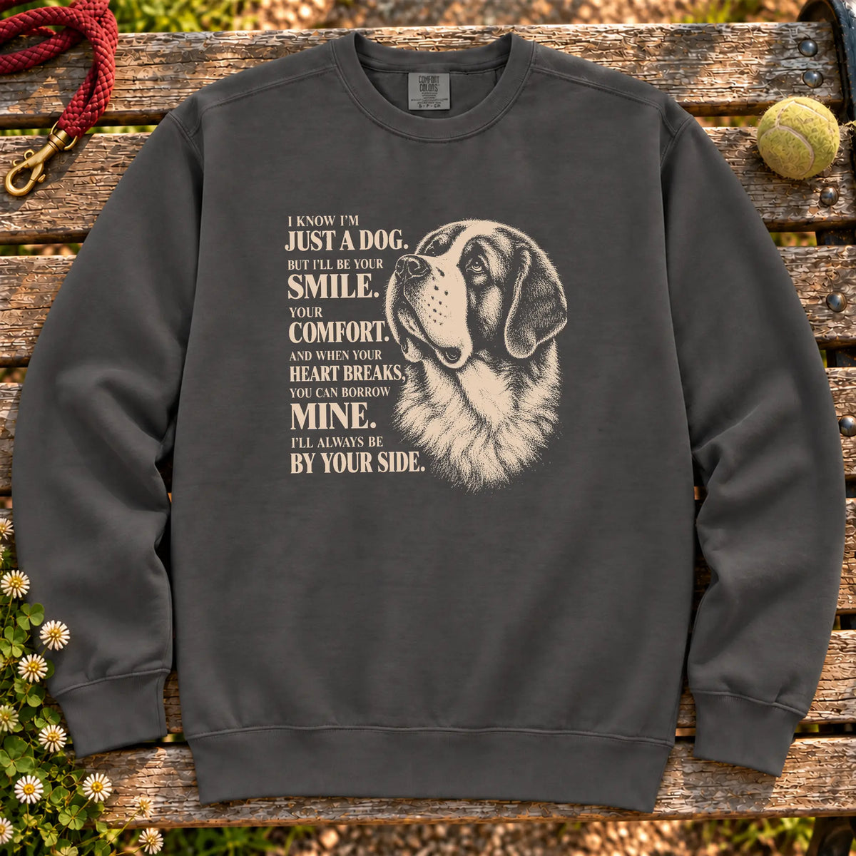 Pepper Comfort Colors® sweatshirt featuring the Saint Bernard By Your Side design.