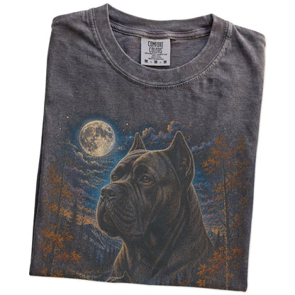 Folded pepper T-shirt with Cane Corso Autumn Moon artwork.