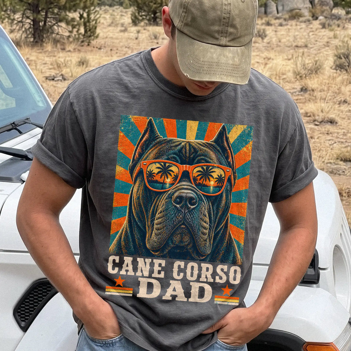 Retro Cane Corso Dad design on a Pepper Comfort Colors T-shirt worn by a model