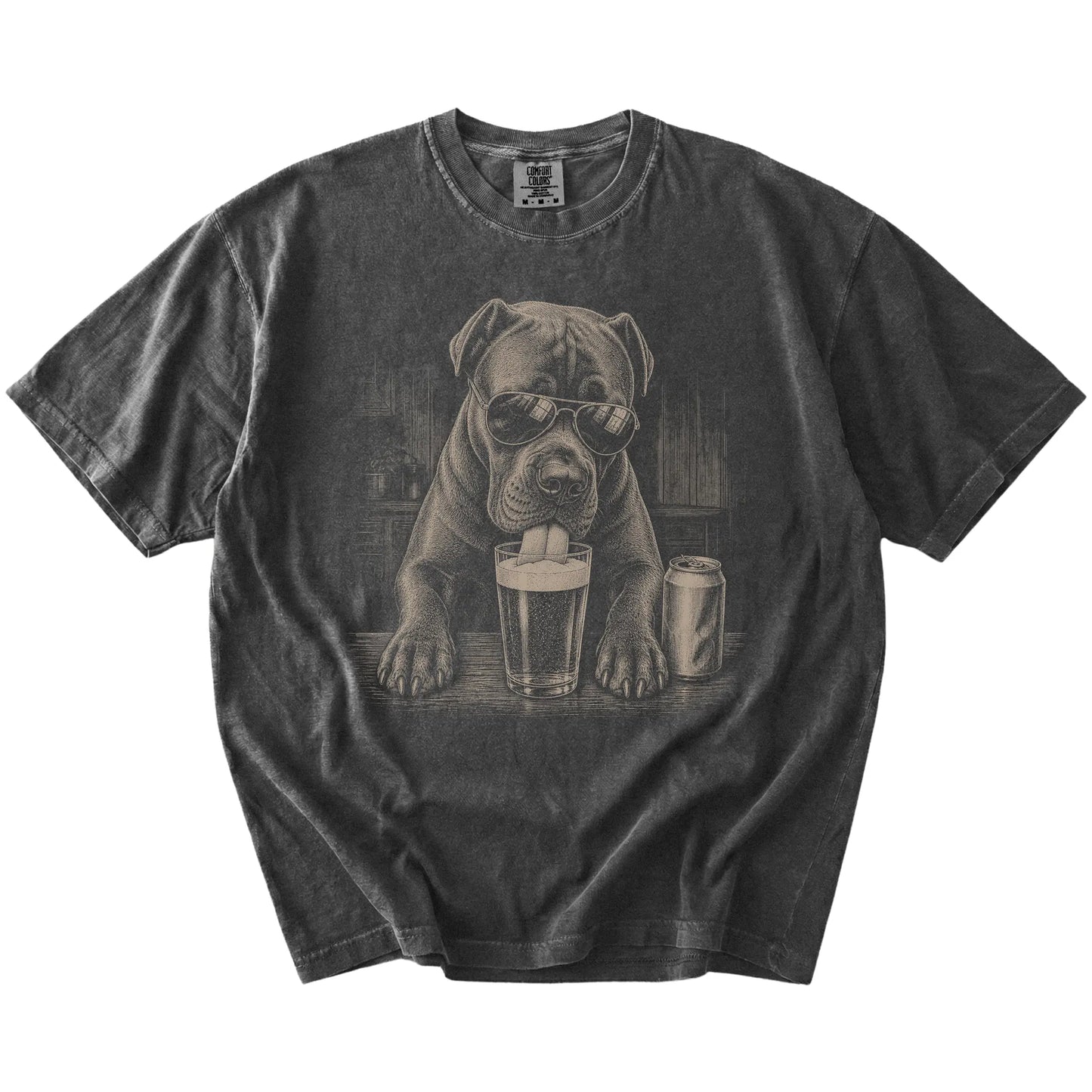 Cane Corso sneaking a drink from a foamy pint at home on a Pepper Comfort Colors® t-shirt