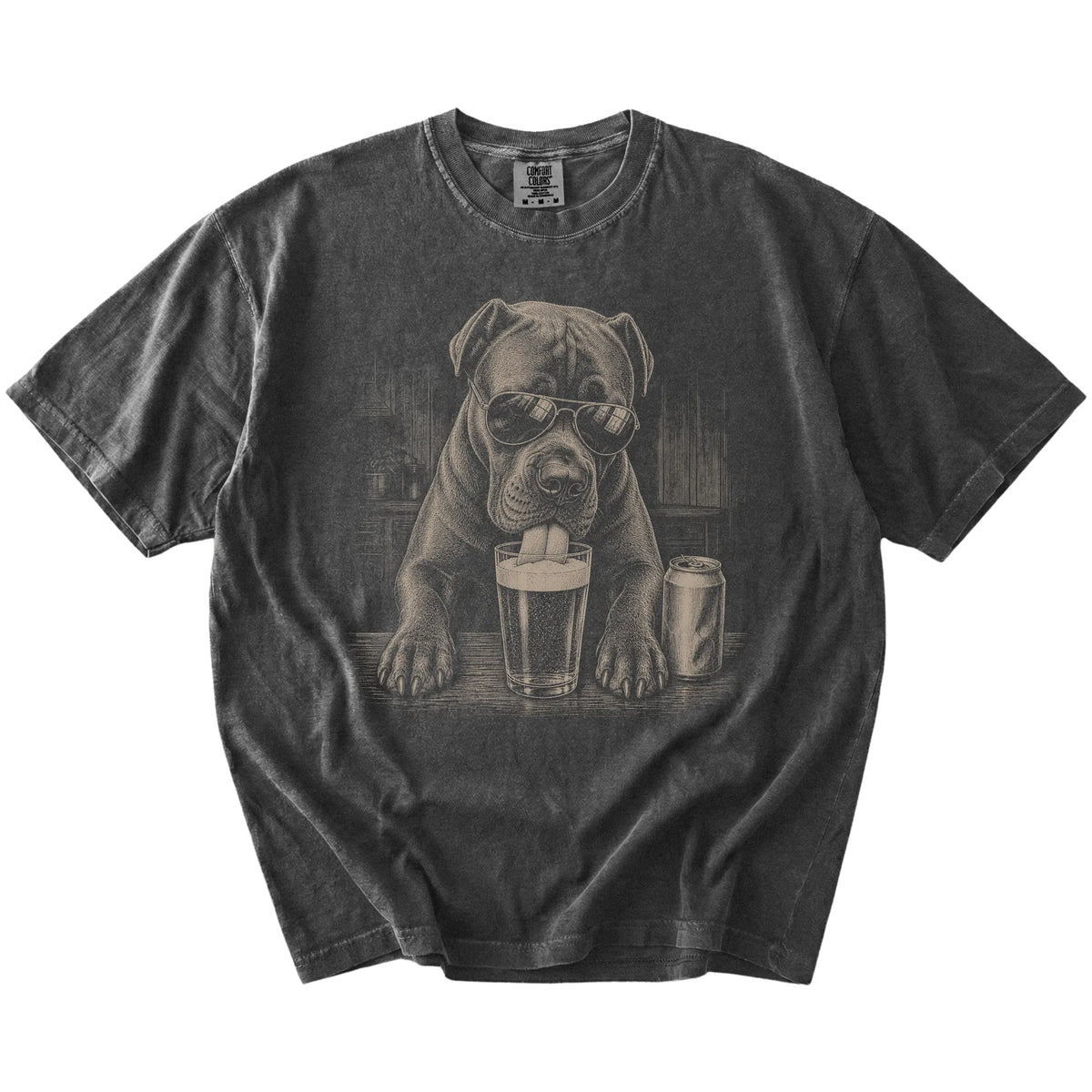 Cane Corso sneaking a drink from a foamy pint at home on a Pepper Comfort Colors® t-shirt