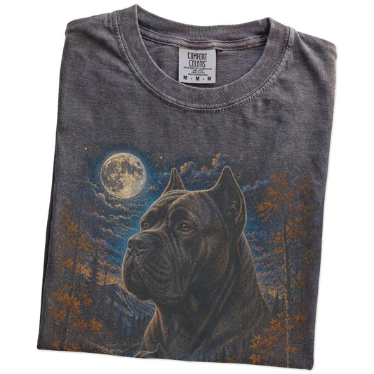 Folded Pepper Comfort Colors® t-shirt showing Cane Corso in a fall forest graphic