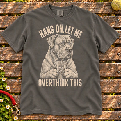 Overthinking Cane Corso design on a Pepper Comfort Colors T-shirt, shown flat