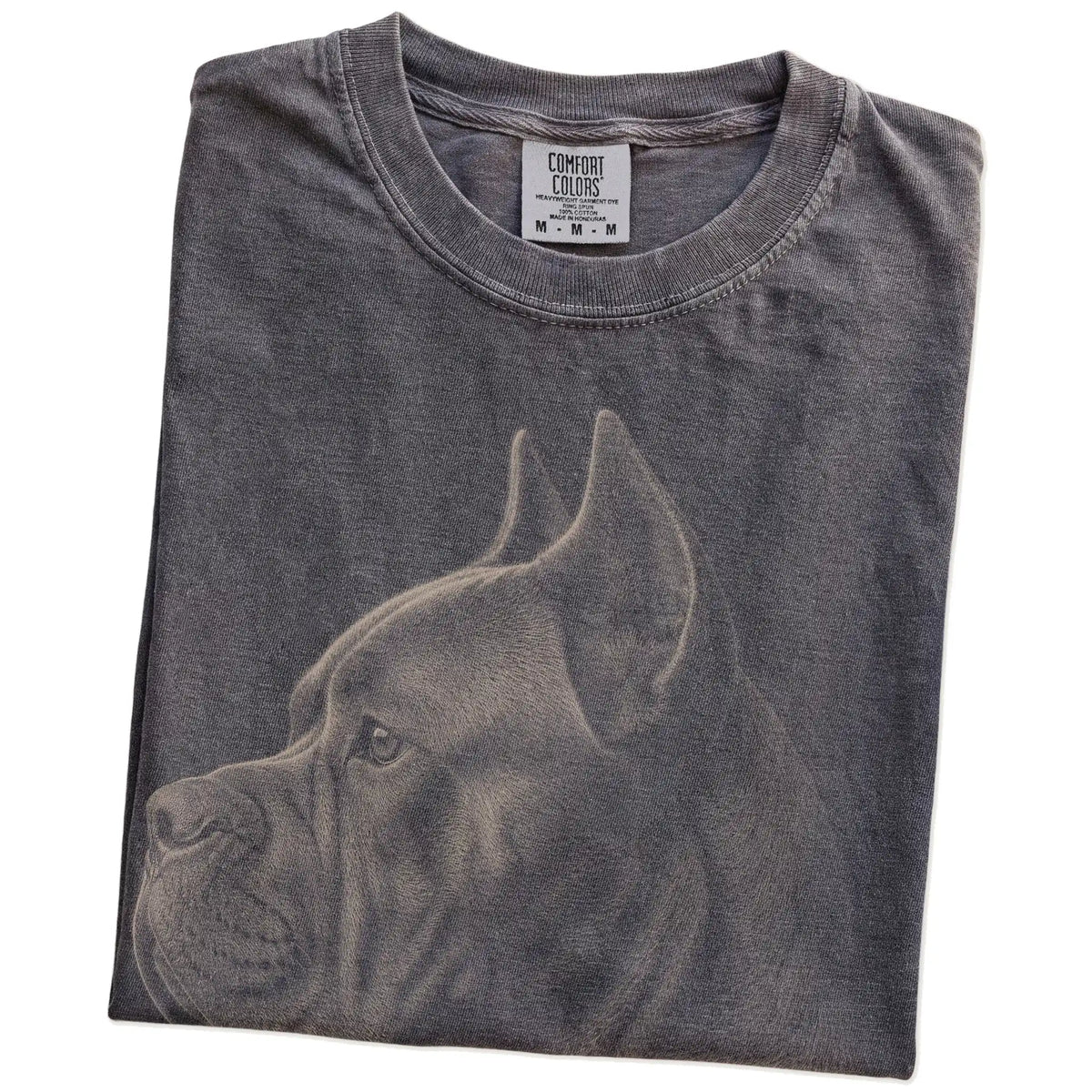 Folded Pepper Comfort Colors® T-shirt showing a detailed photographic portrait of a Cane Corso