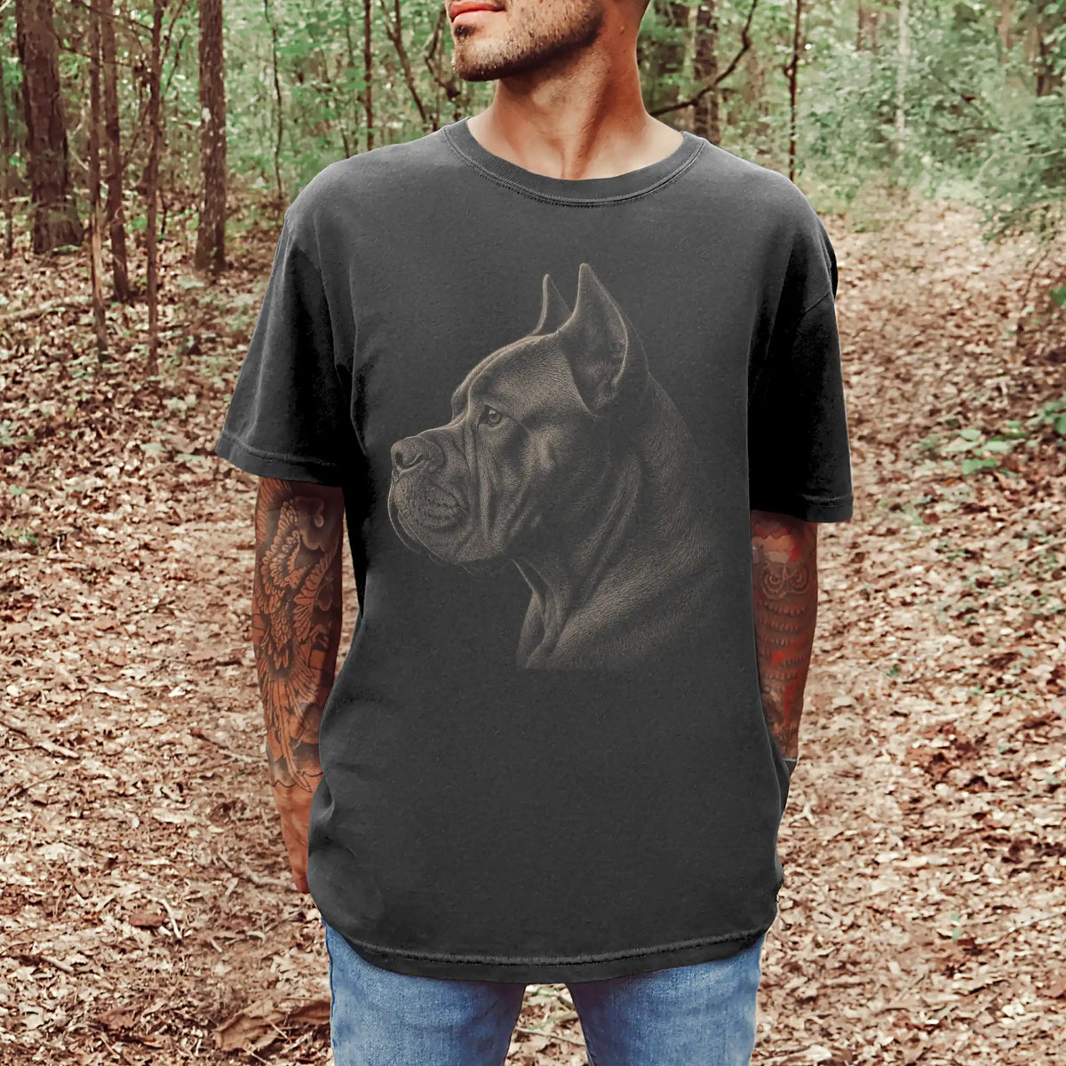 Model wearing a Pepper Comfort Colors® T-shirt with a detailed photographic portrait of a Cane Corso