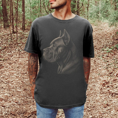 Model wearing a Pepper Comfort Colors® T-shirt with a detailed photographic portrait of a Cane Corso