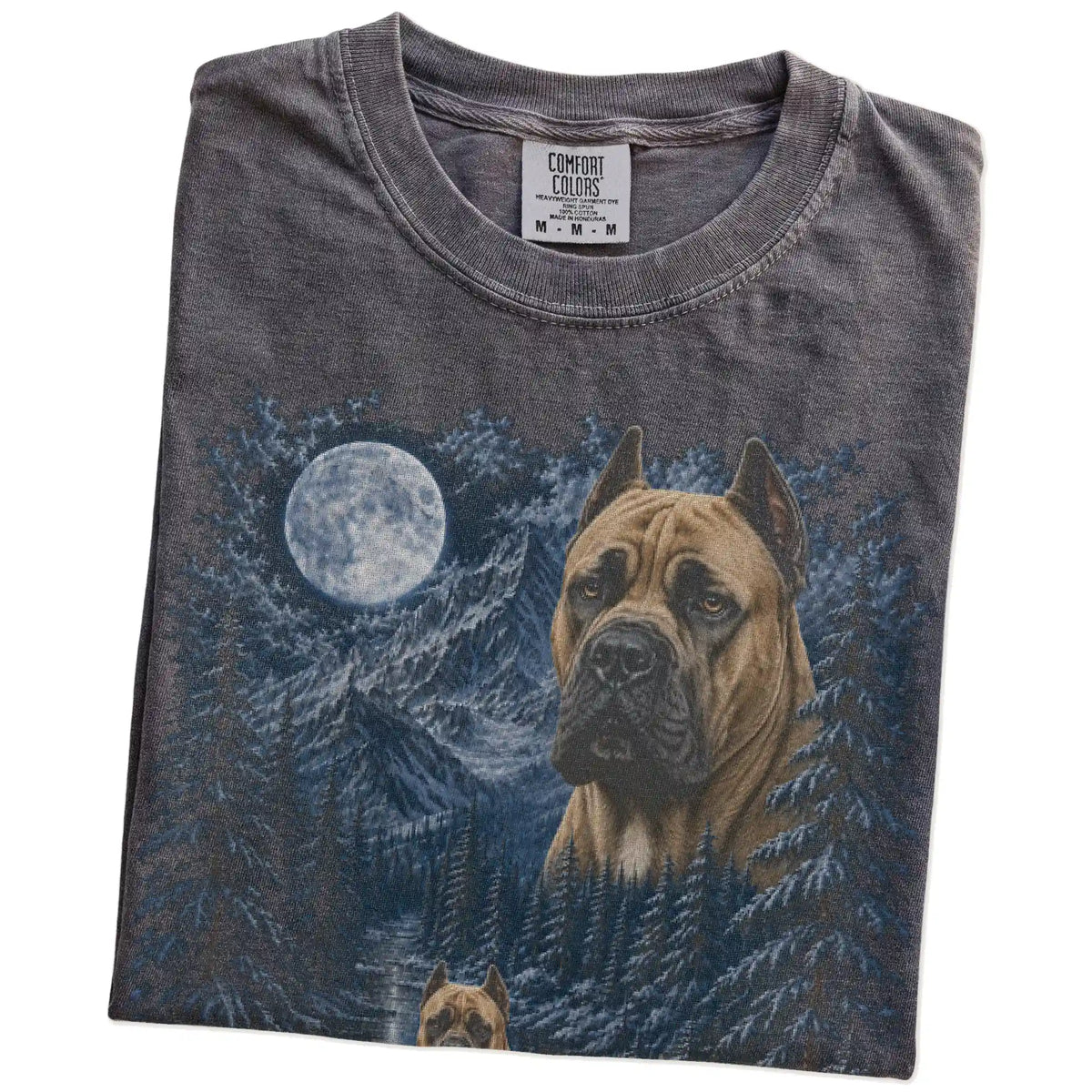 Folded pepper T-shirt with Cane Corso Winter Moon artwork.