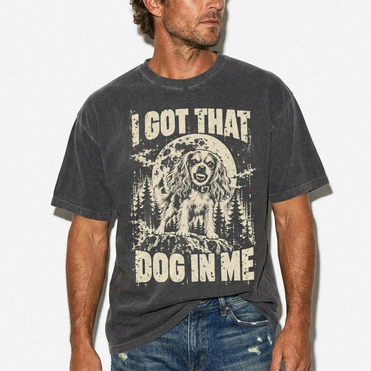 Pepper Cavalier King Charles Spaniel I Got That Dog in Me T-shirt, worn by a model