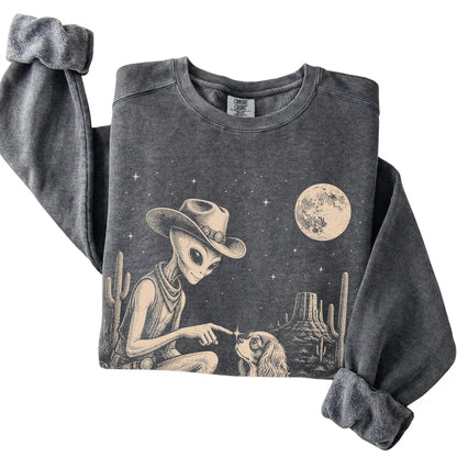 Pepper Comfort Colors® sweatshirt featuring Yorkie Cowboy and Alien, folded presentation