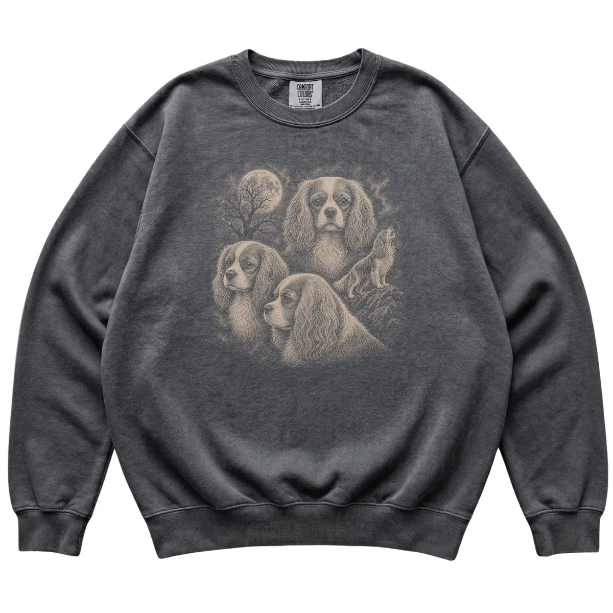 Cavalier King Charles Spaniel 90s Moon Sweatshirt in Pepper — flat lay