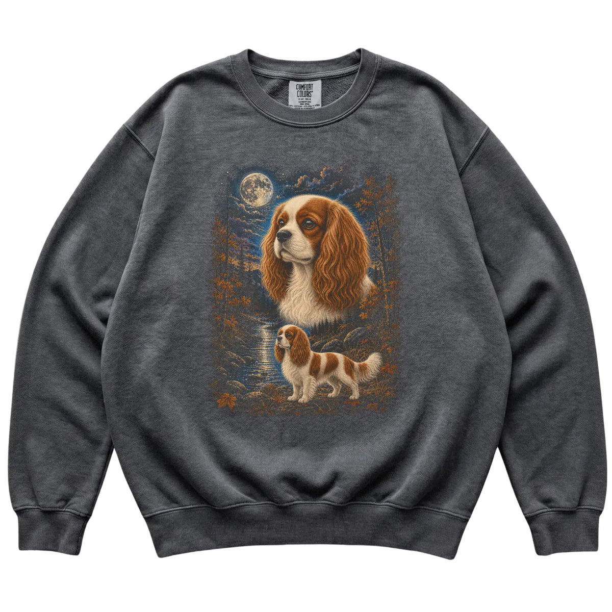 pepper sweatshirt with Cavalier King Charles Spaniel Autumn Moon artwork.