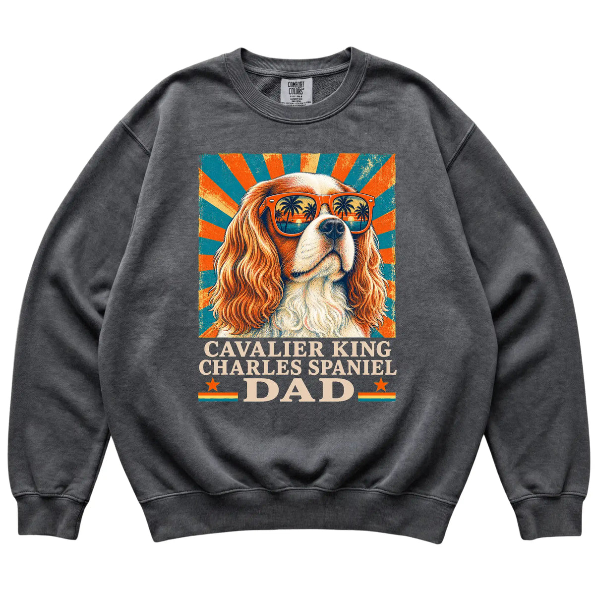 Retro Cavalier King Charles Spaniel Dad design on a Pepper Comfort Colors sweatshirt