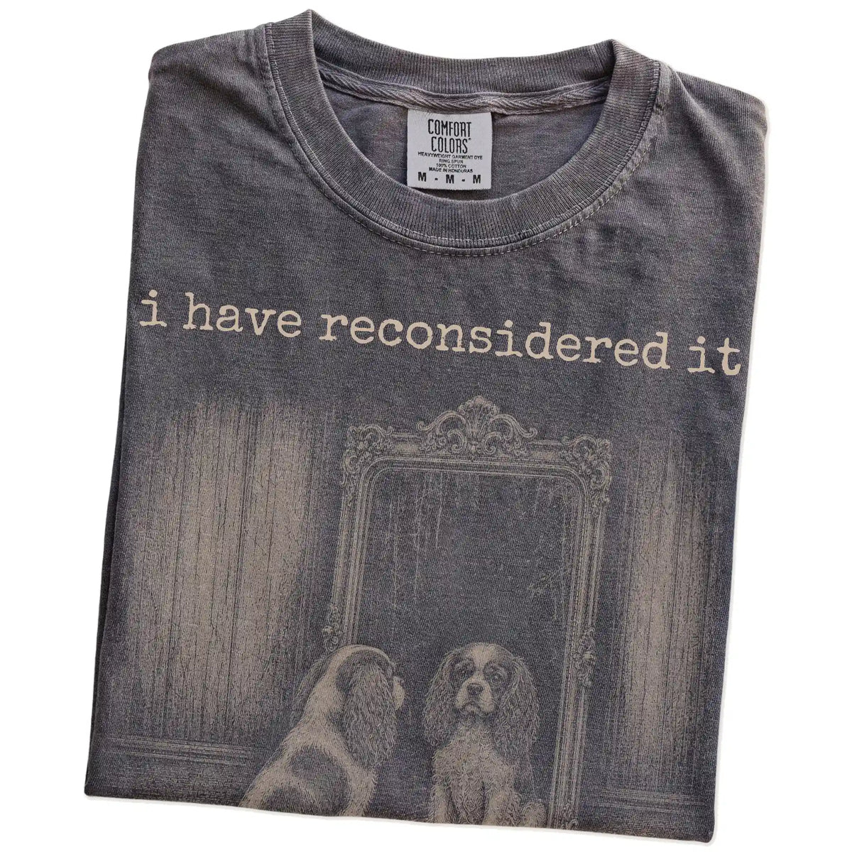Folded Pepper Comfort Colors® T-shirt showing “the answer is still no” cavalier king charles spaniel design