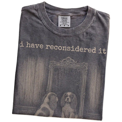 Folded Pepper Comfort Colors® T-shirt showing “the answer is still no” cavalier king charles spaniel design