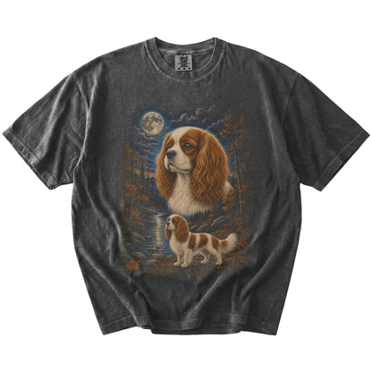 Cavalier King Charles Spaniel in a moonlit fall forest scene on a Pepper Comfort Colors® t-shirt