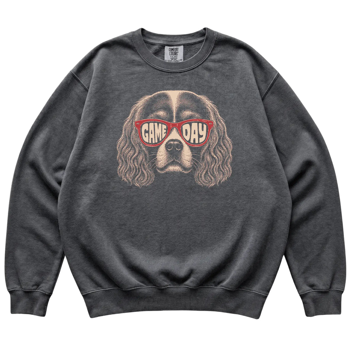 Pepper Cavalier King Charles Spaniel Game Day Sunglasses sweatshirt, laid flat