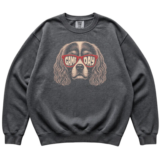 Pepper Cavalier King Charles Spaniel Game Day Sunglasses sweatshirt, laid flat