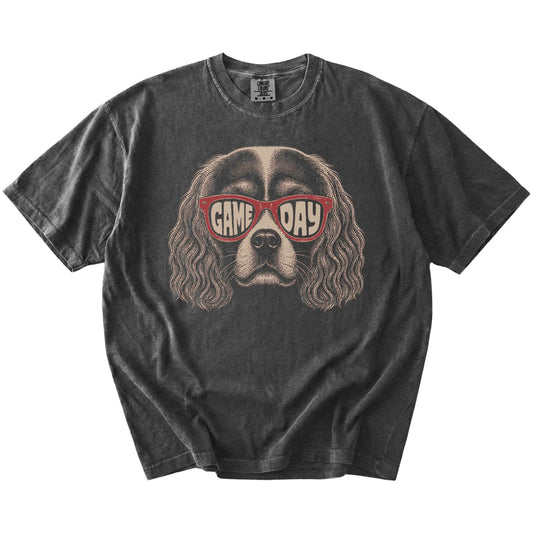 Cavalier King Charles Spaniel wearing red Game Day sunglasses on a Pepper Comfort Colors® T-shirt