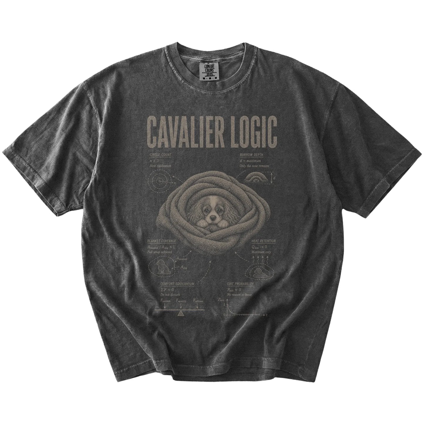 Pepper Cavalier King Charles Spaniel Logic T-Shirt laid flat