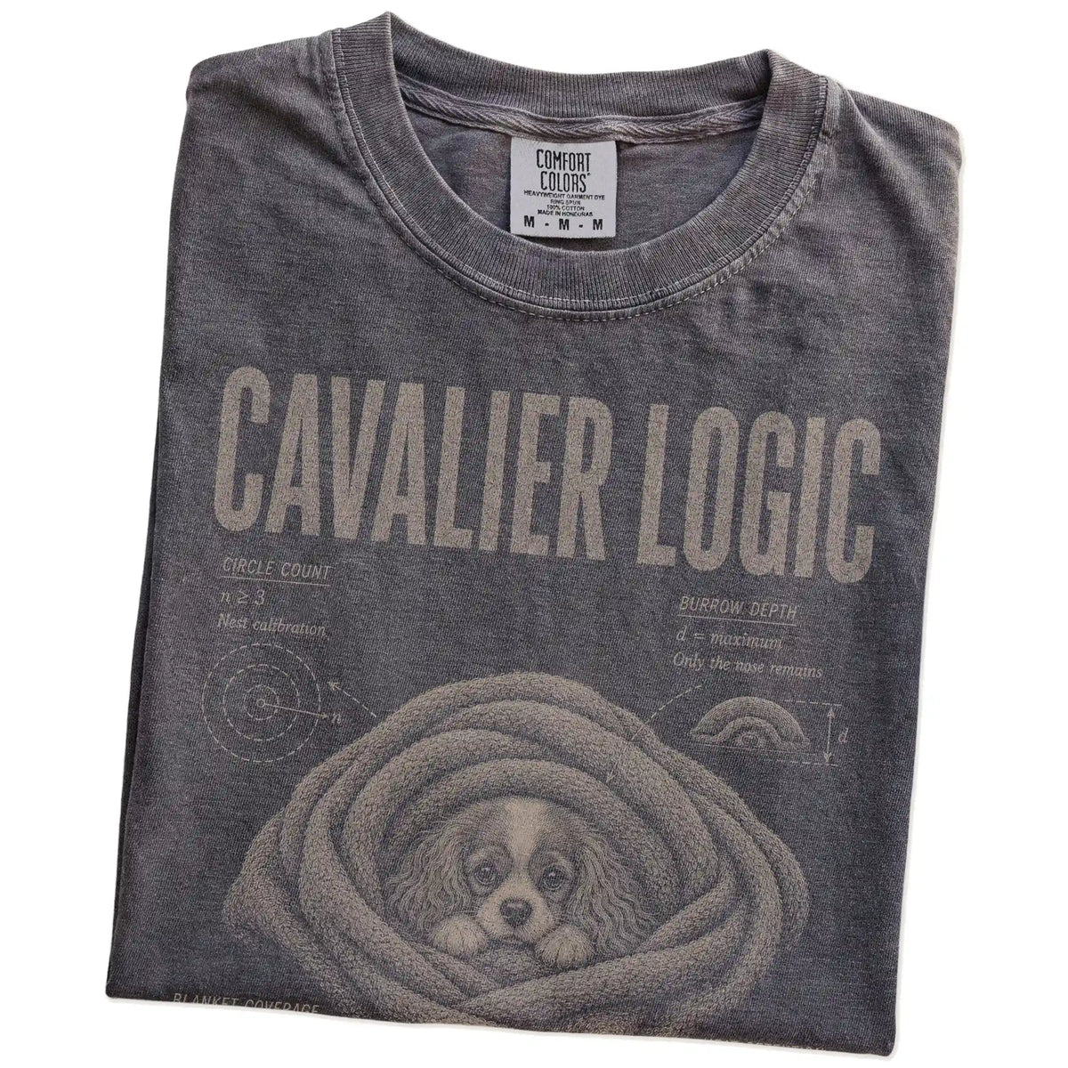 Folded Pepper Cavalier King Charles Spaniel Logic T-Shirt showing the graphic