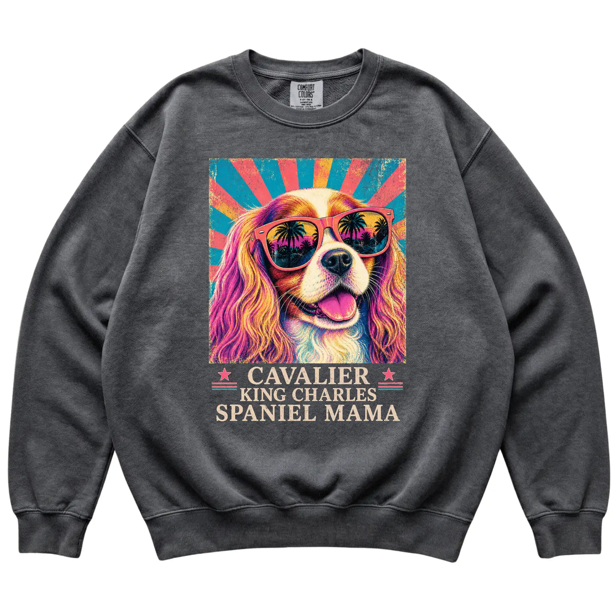 Retro Cavalier King Charles Spaniel Mama design on a Pepper Comfort Colors sweatshirt