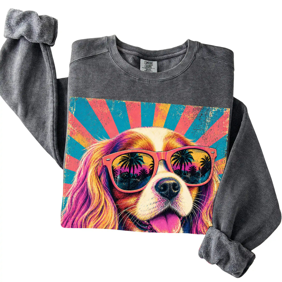 Folded Pepper Comfort Colors sweatshirt with a Retro Cavalier King Charles Spaniel Mama design