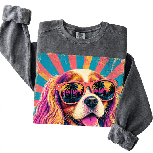 Folded Pepper Comfort Colors sweatshirt with a Retro Cavalier King Charles Spaniel Mama design